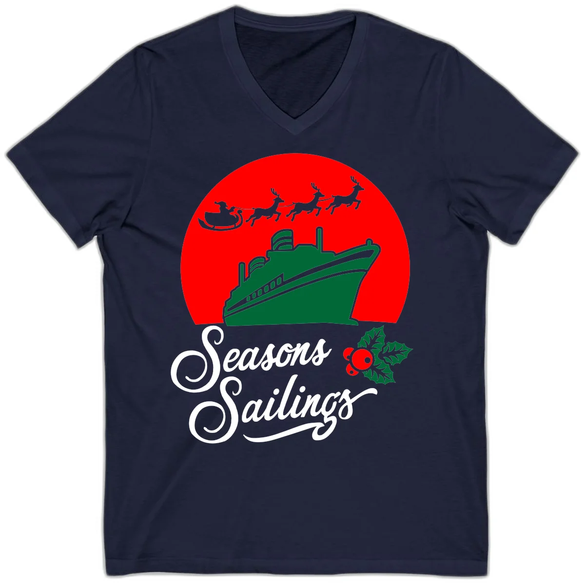 Seasons Sailings Cruise Ship Holiday V-Neck in Navy