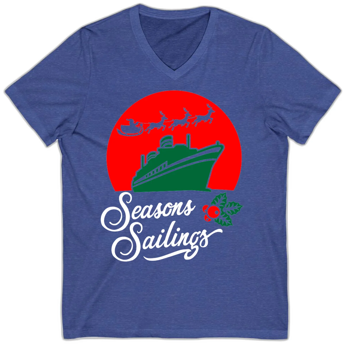 Seasons Sailings Cruise Ship Holiday V-Neck in Heather True Royal