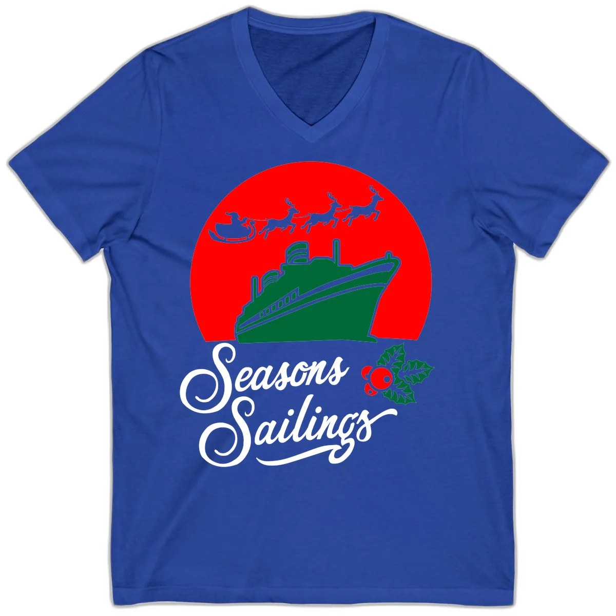 Seasons Sailings Cruise Ship Holiday V-Neck in True Royal
