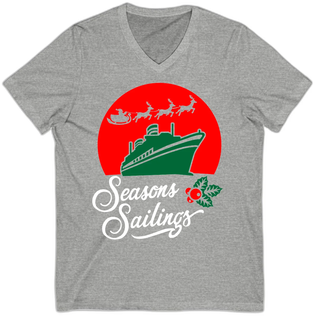 Seasons Sailings Cruise Ship Holiday V-Neck in Athletic Heather