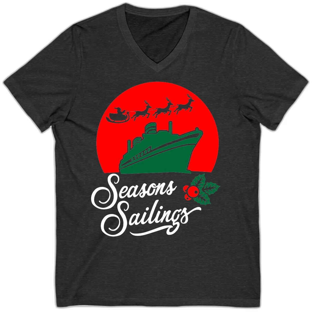 Seasons Sailings Cruise Ship Holiday V-Neck in Dark Grey Heather