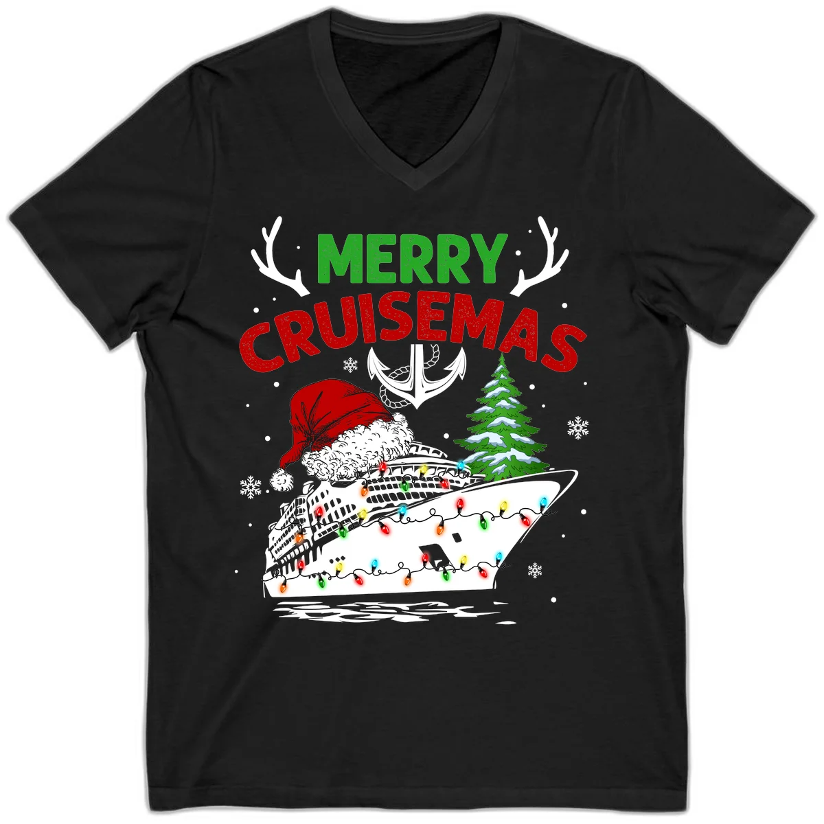 Merry Cruisemas Holiday V-Neck Tee in Black