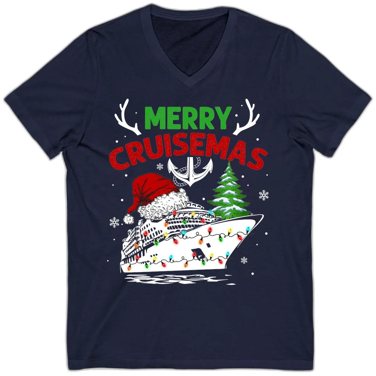 Merry Cruisemas Holiday V-Neck Tee in Navy