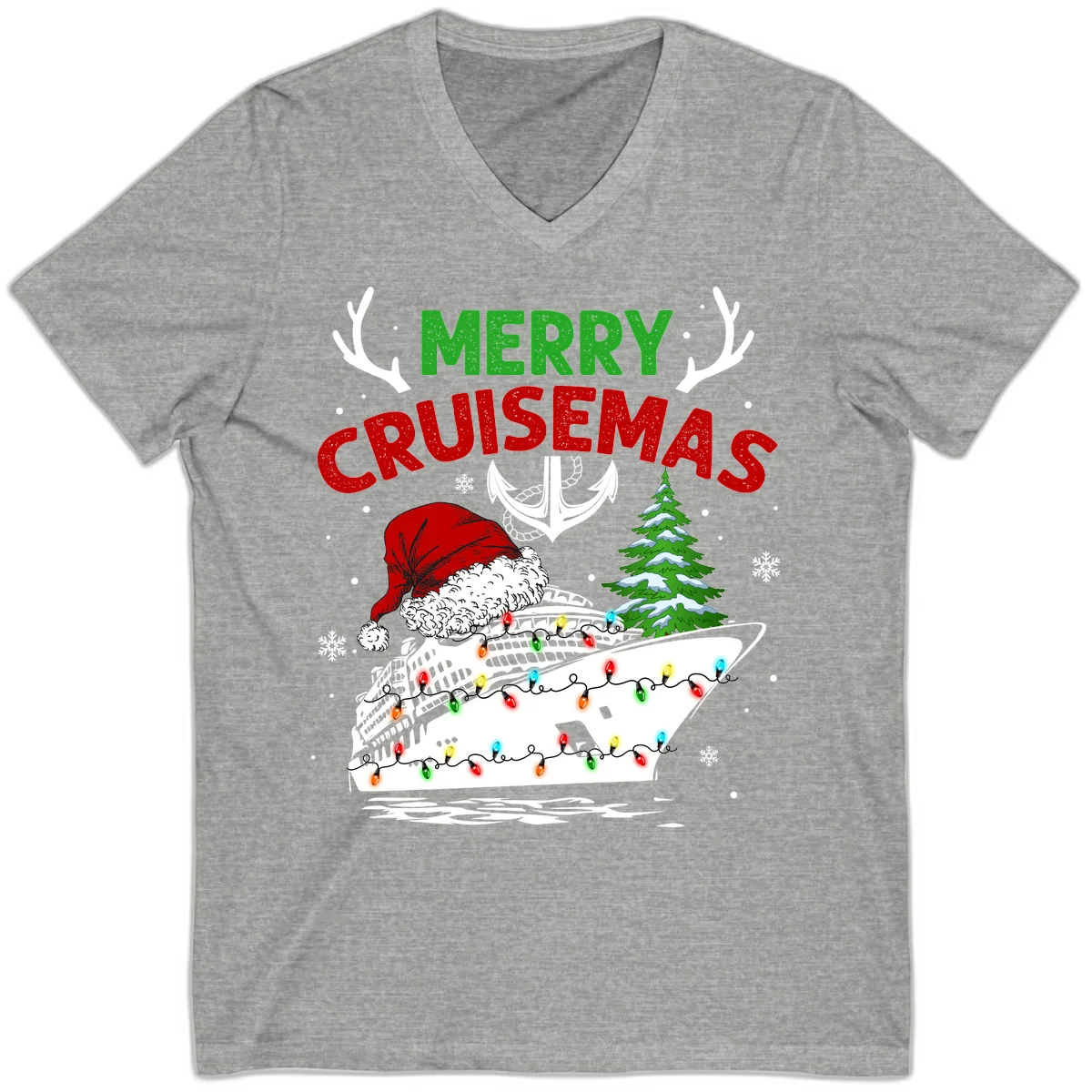 Merry Cruisemas Holiday V-Neck Tee in Athletic Heather