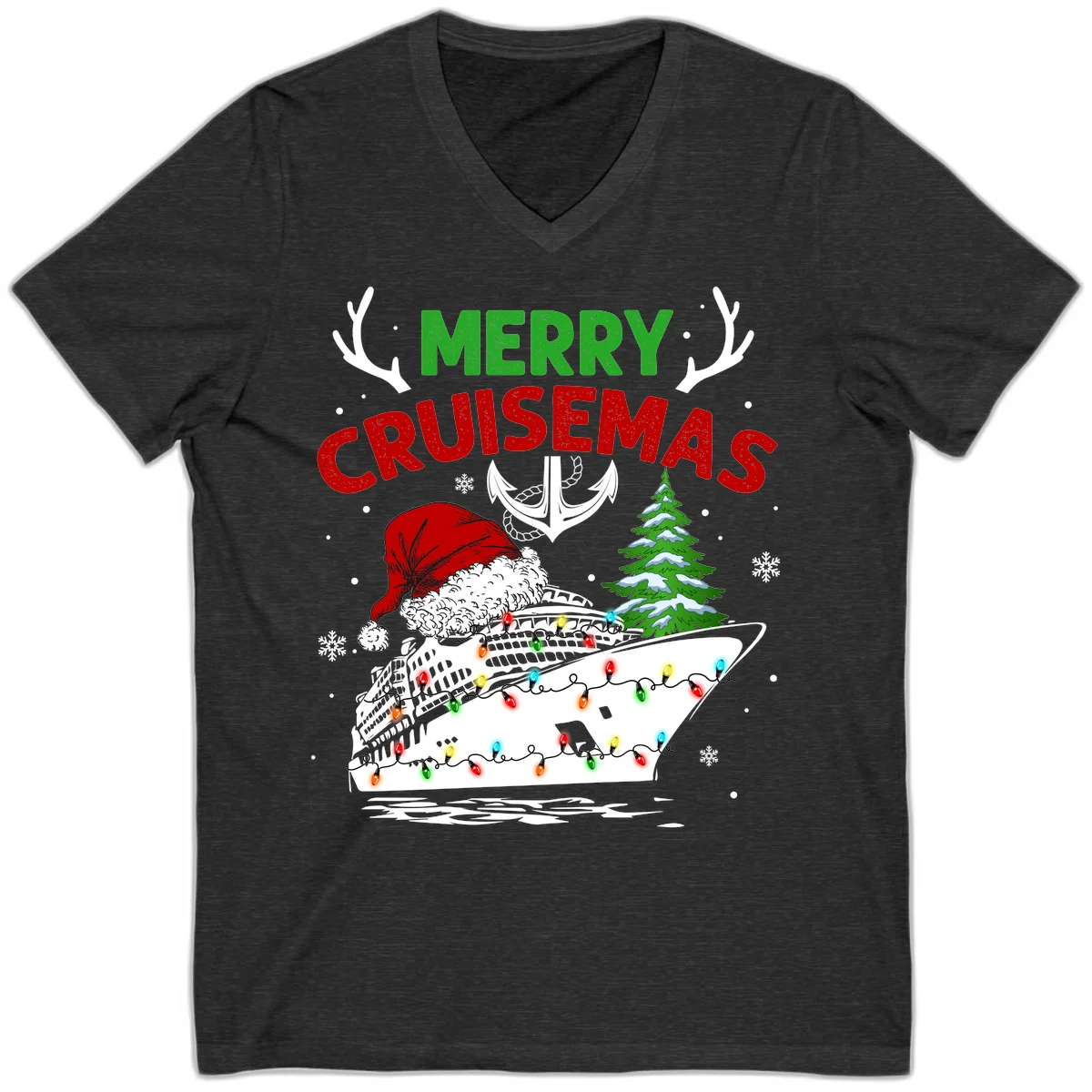 Merry Cruisemas Holiday V-Neck Tee in Dark Grey Heather