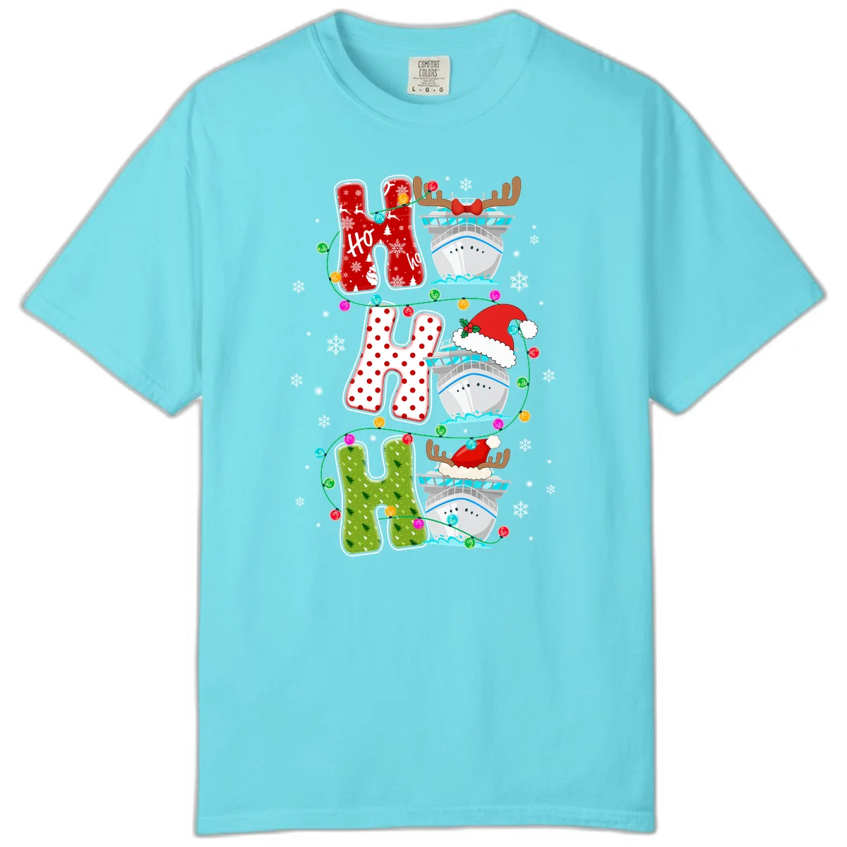 Ho Ho Ho Cruise Christmas Comfort Color Tee in Lagoon Blue