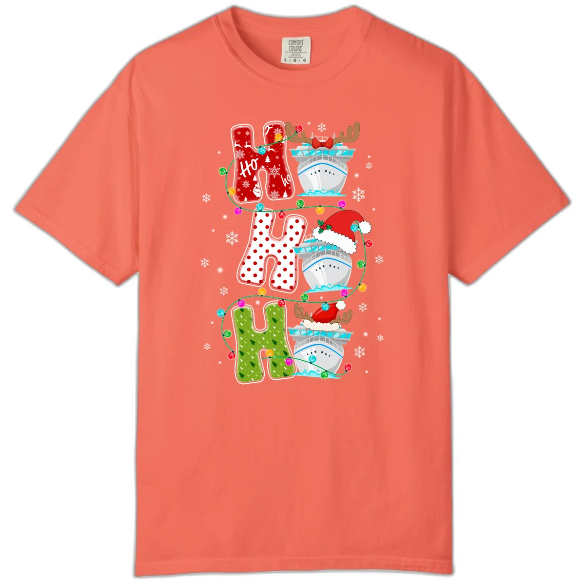 Ho Ho Ho Cruise Christmas Comfort Color Tee in Bright Salmon