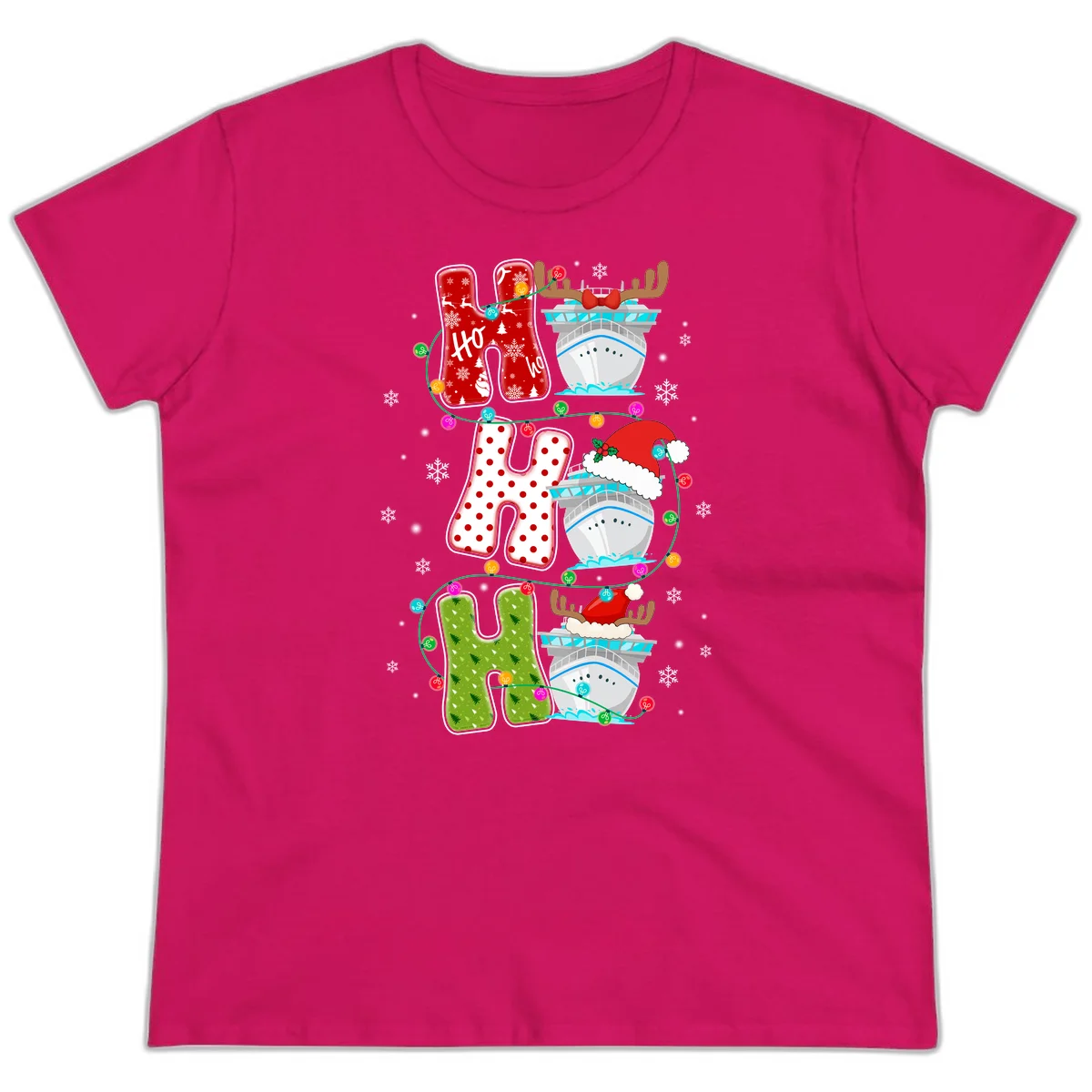 Ho Ho Ho Cruise Christmas Ladies Tee in Heliconia