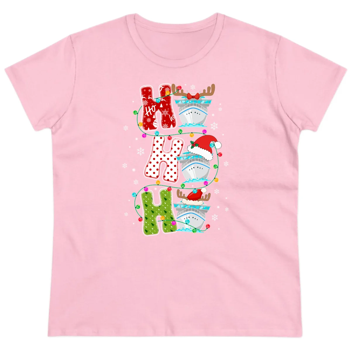 Ho Ho Ho Cruise Christmas Ladies Tee in Light Pink