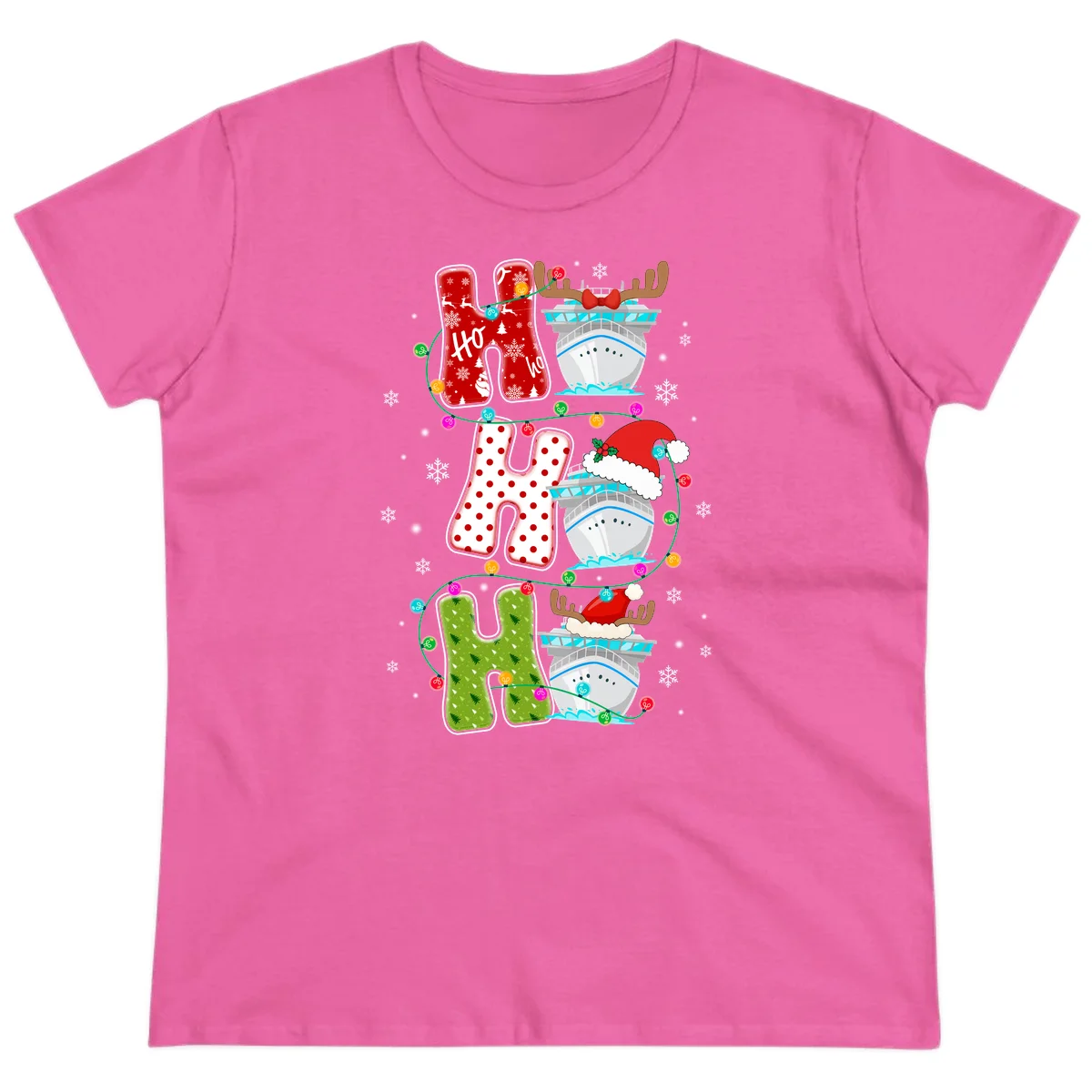 Ho Ho Ho Cruise Christmas Ladies Tee in Azalea