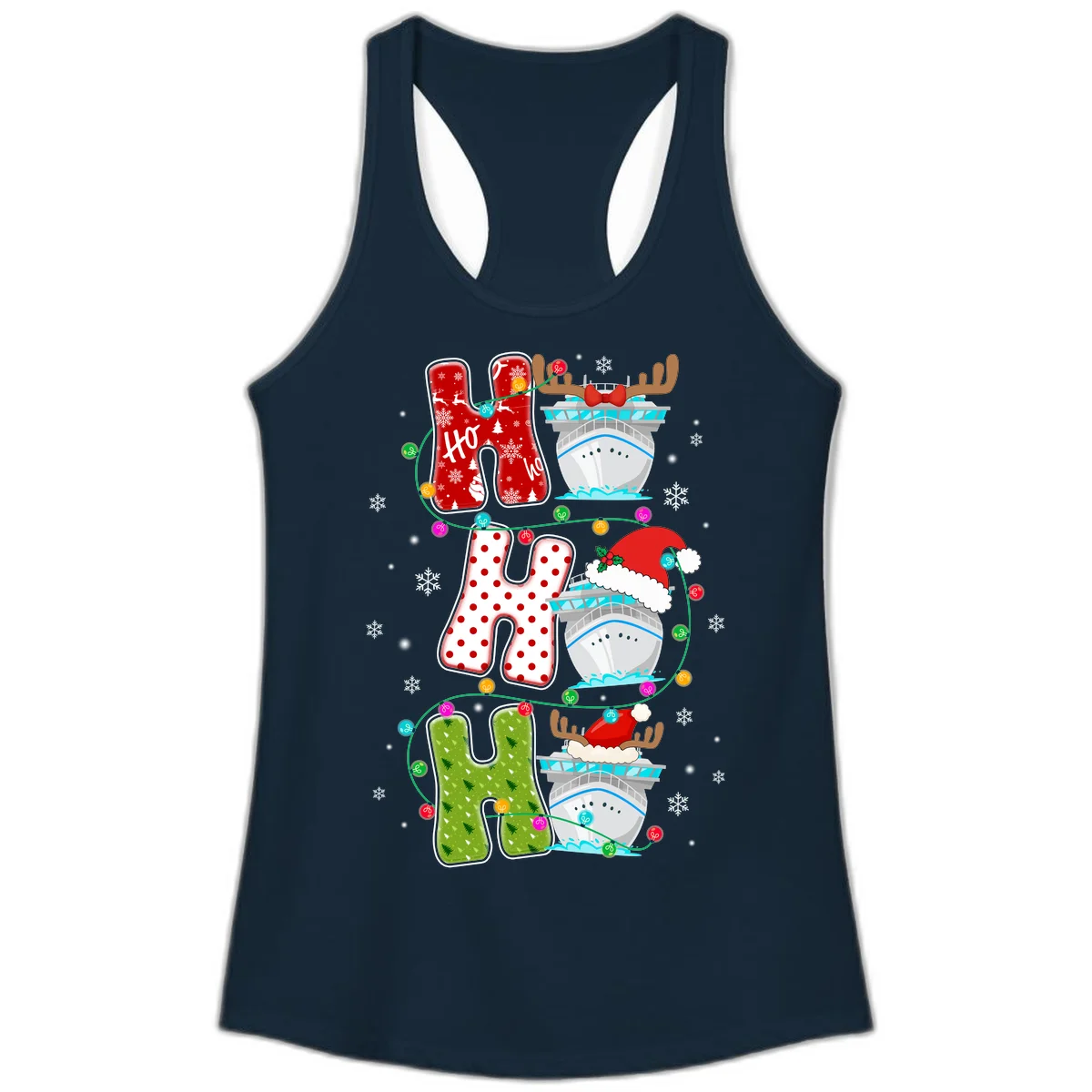 Ho Ho Ho Cruise Christmas Ladies Tank in Solid Midnight Navy