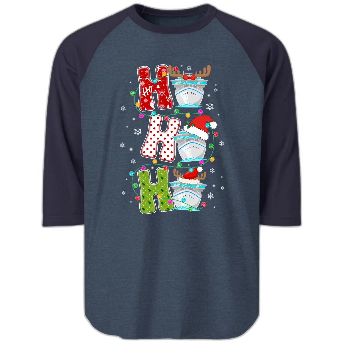 Ho Ho Ho Cruise Christmas Raglan 3/4 in Heather Denim Navy