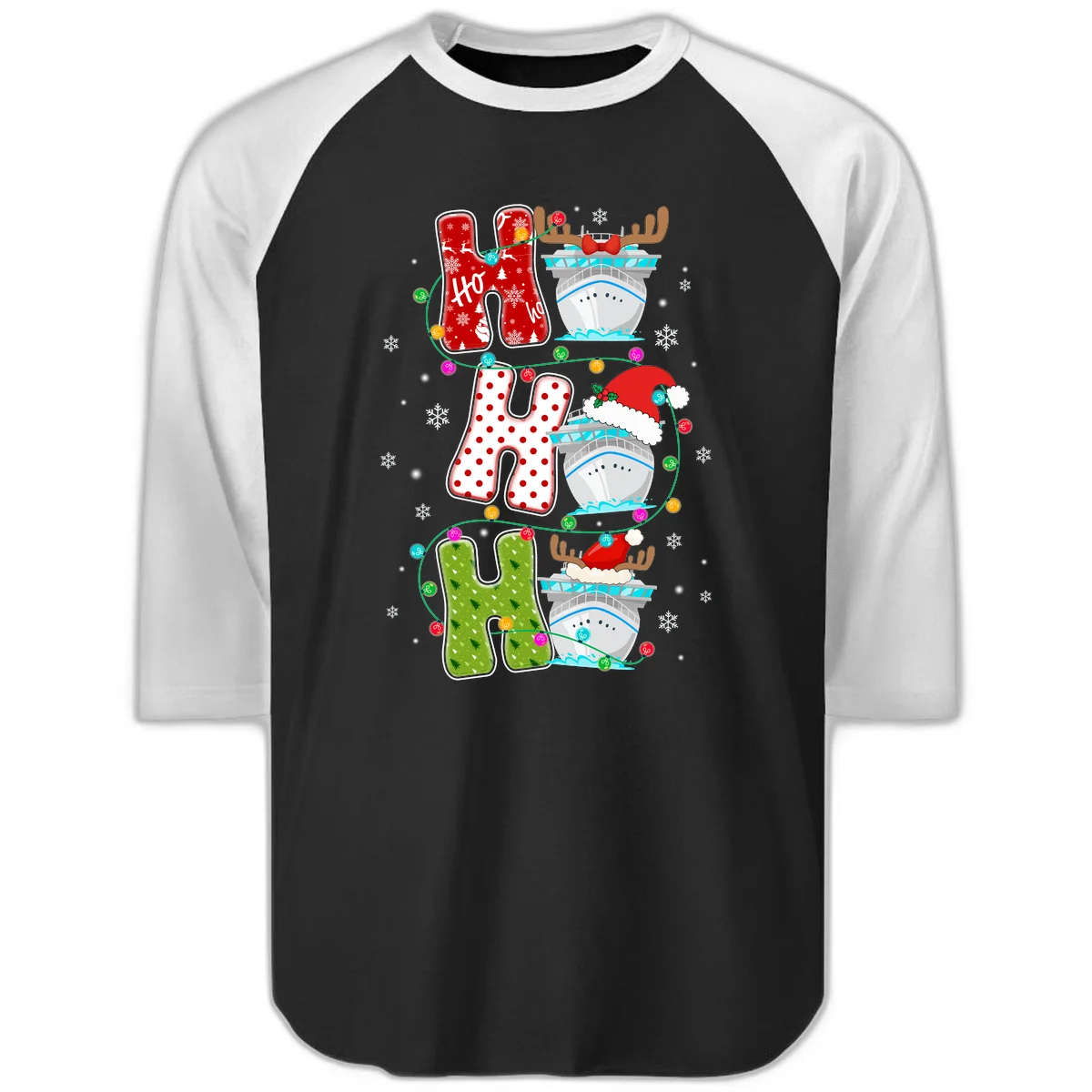 Ho Ho Ho Cruise Christmas Raglan 3/4 in Black White
