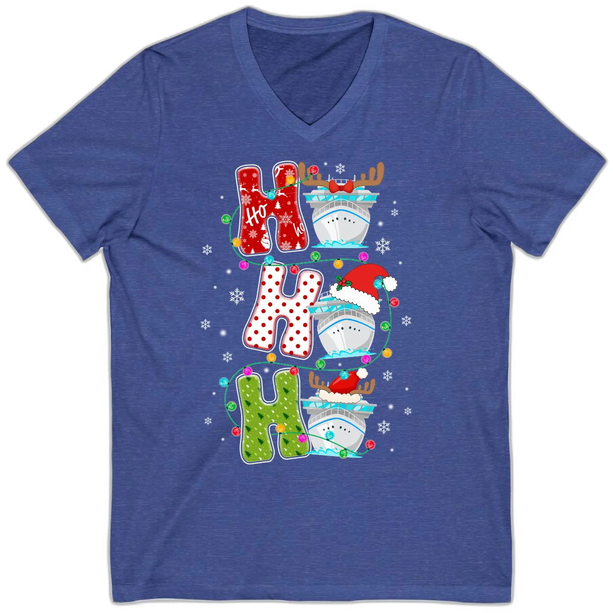 Ho Ho Ho Cruise Christmas V-Neck in Heather True Royal