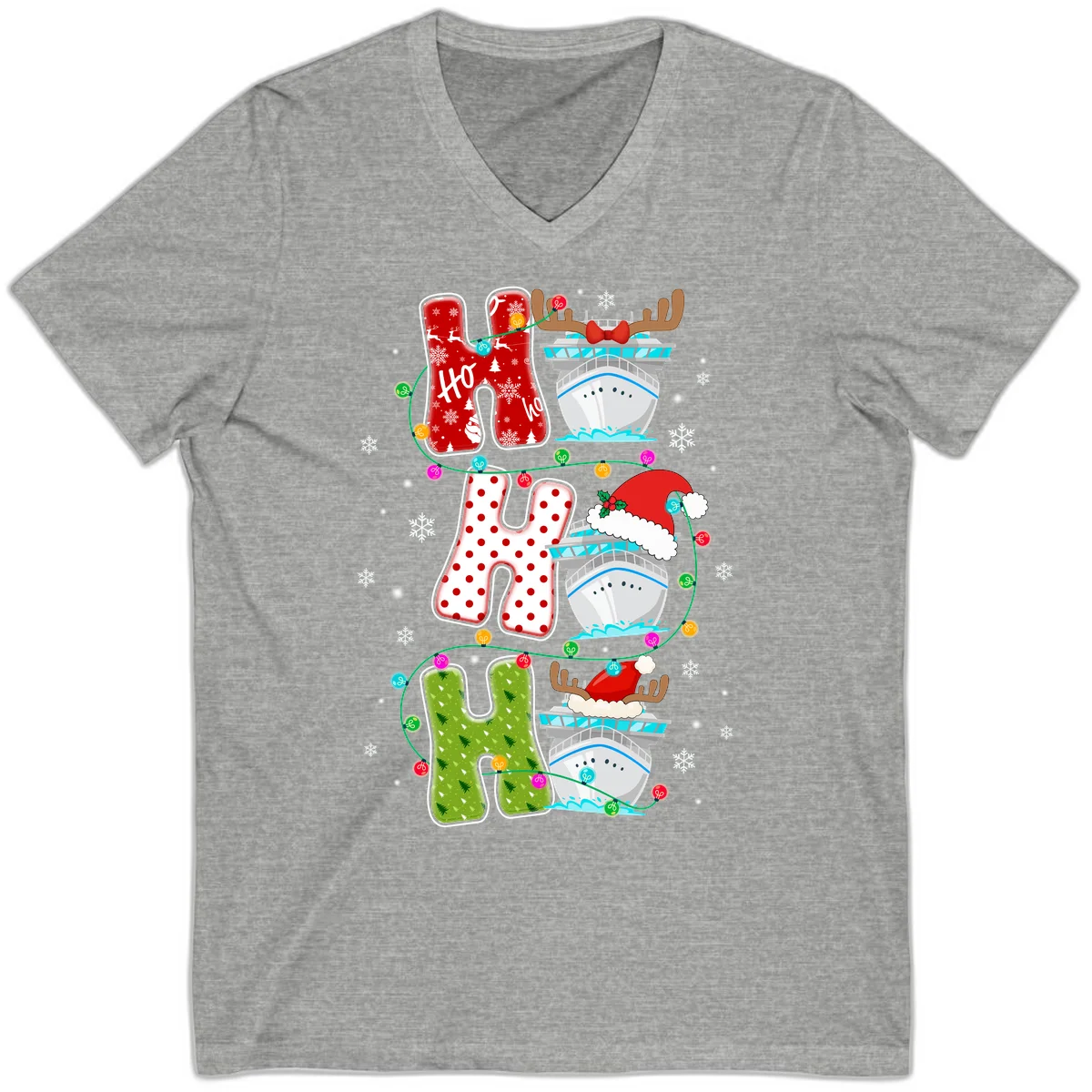 Ho Ho Ho Cruise Christmas V-Neck in Athletic Heather