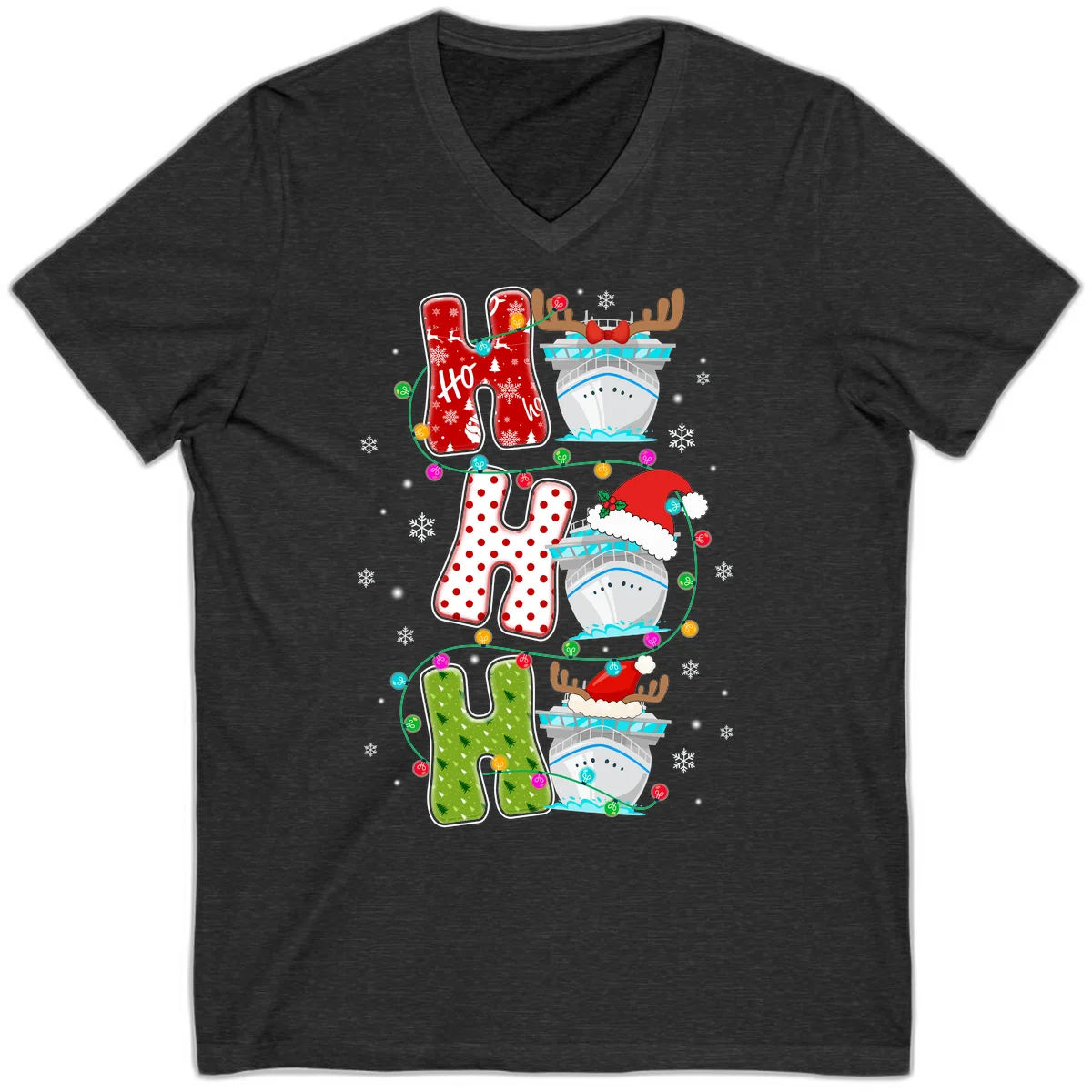 Ho Ho Ho Cruise Christmas V-Neck in Dark Grey Heather