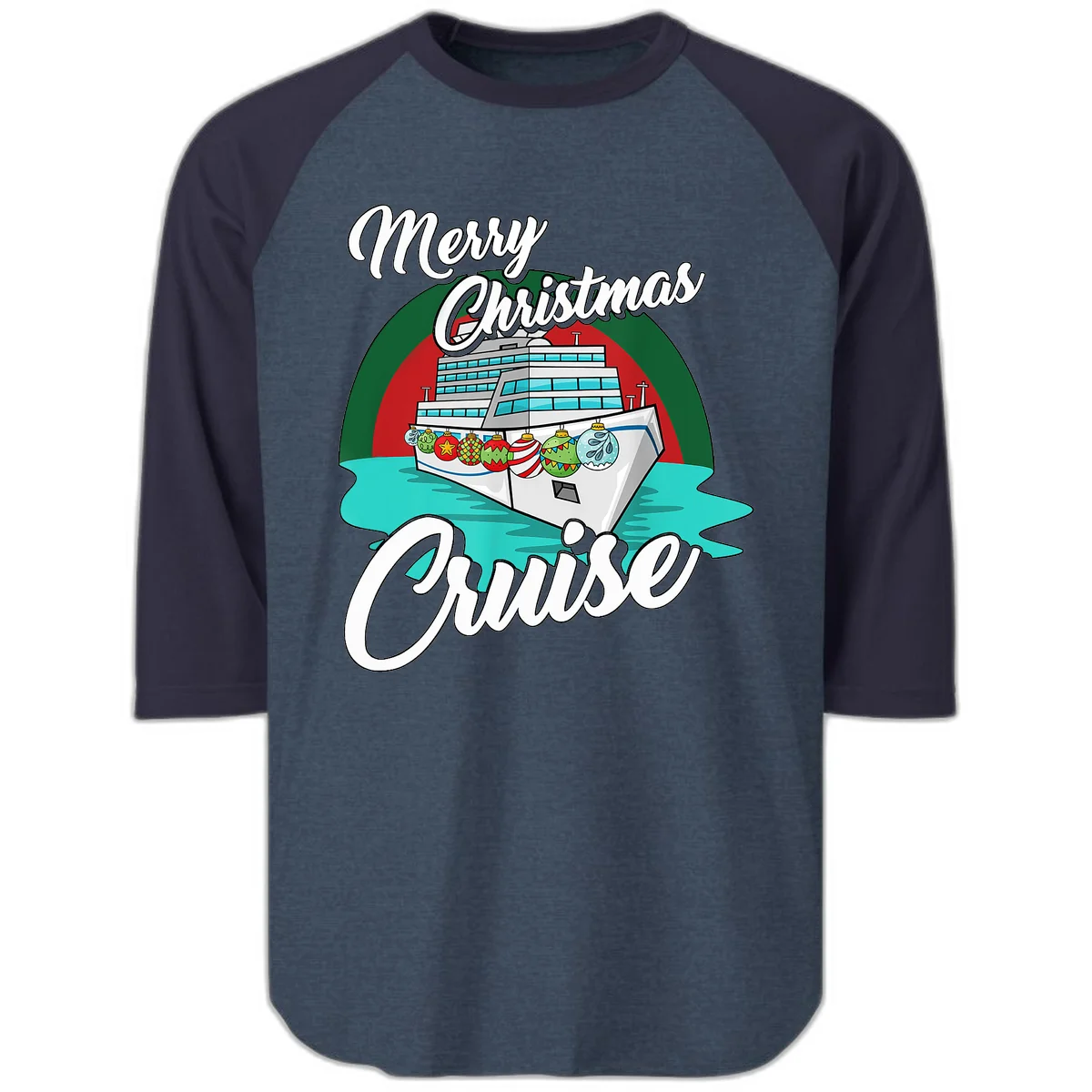 Merry Christmas Cruise Raglan 3/4 Sleeve Tee in Heather Denim Navy