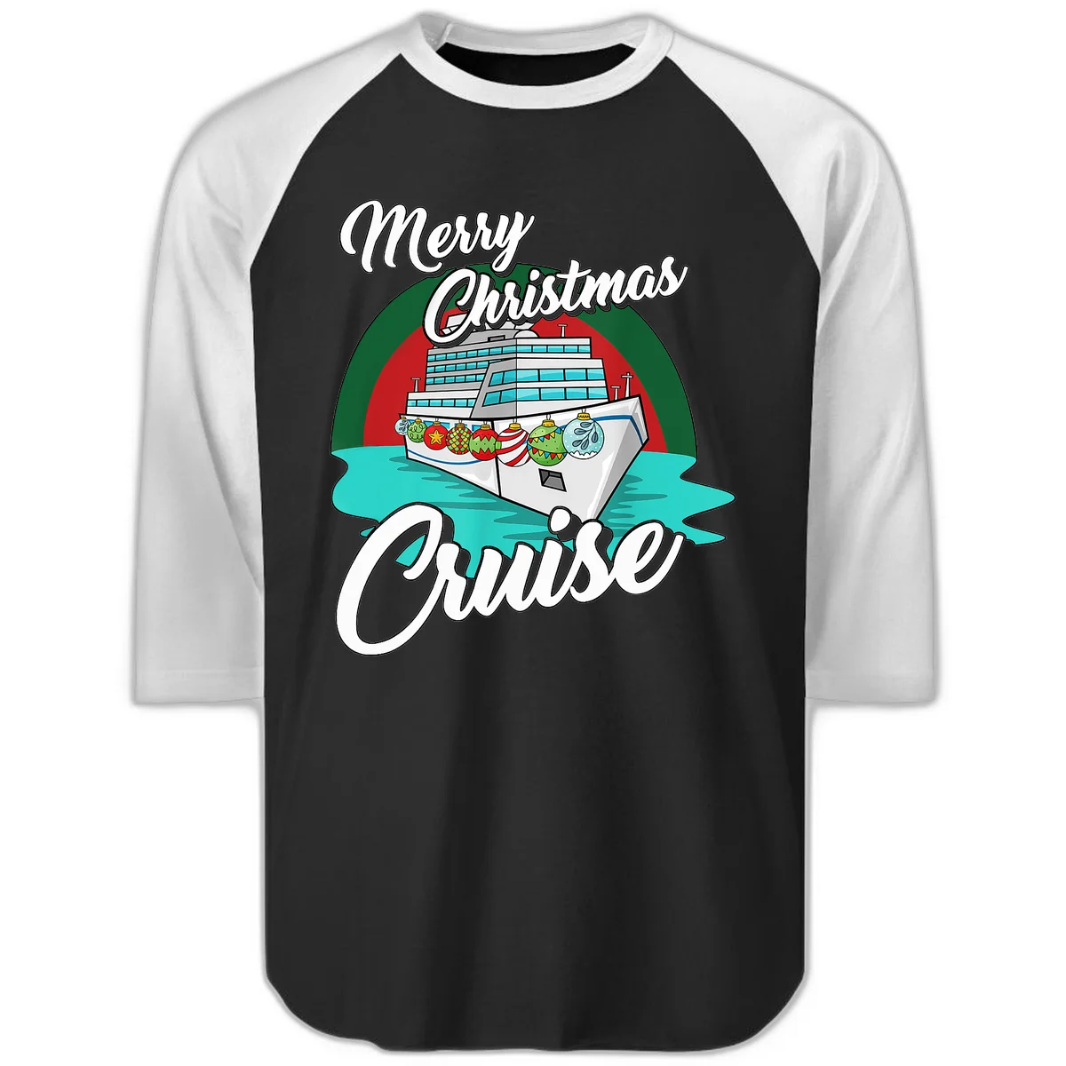 Merry Christmas Cruise Raglan 3/4 Sleeve Tee in Black White