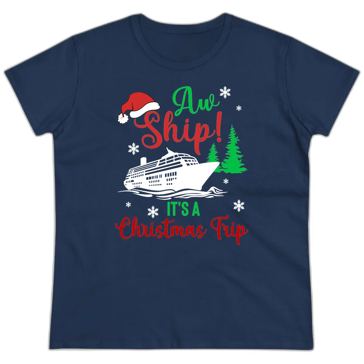 Aww Ship Christmas Cruise Ladies Tee in Navy