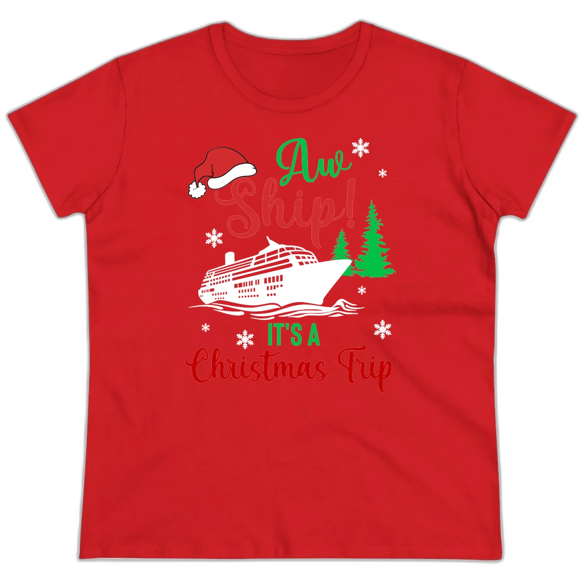 Aww Ship Christmas Cruise Ladies Tee in Red