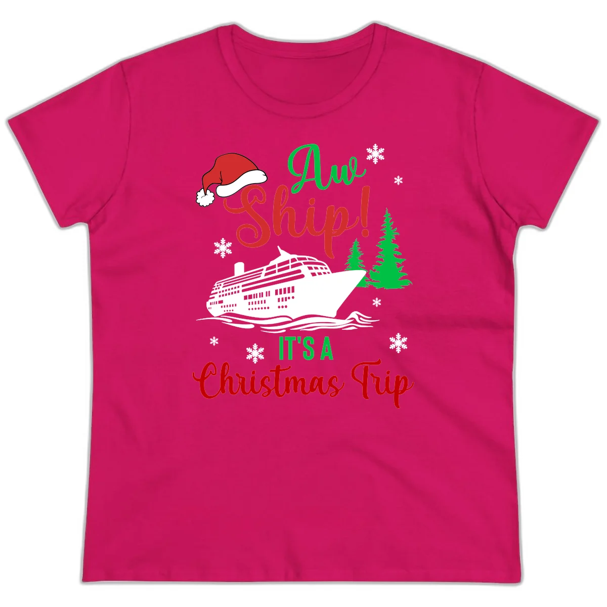 Aww Ship Christmas Cruise Ladies Tee in Heliconia