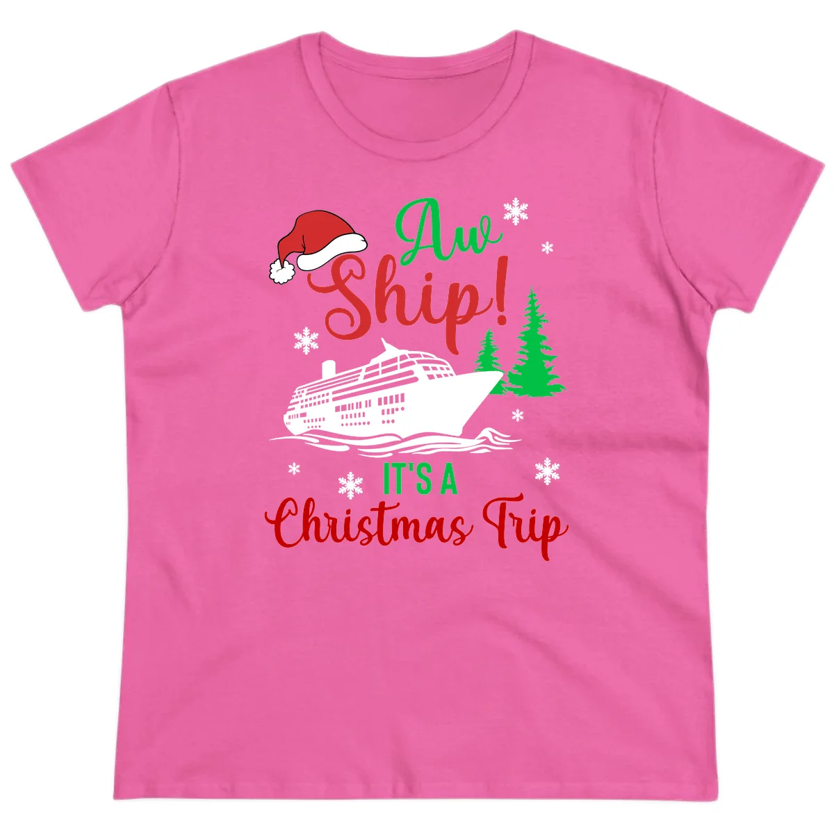 Aww Ship Christmas Cruise Ladies Tee in Azalea