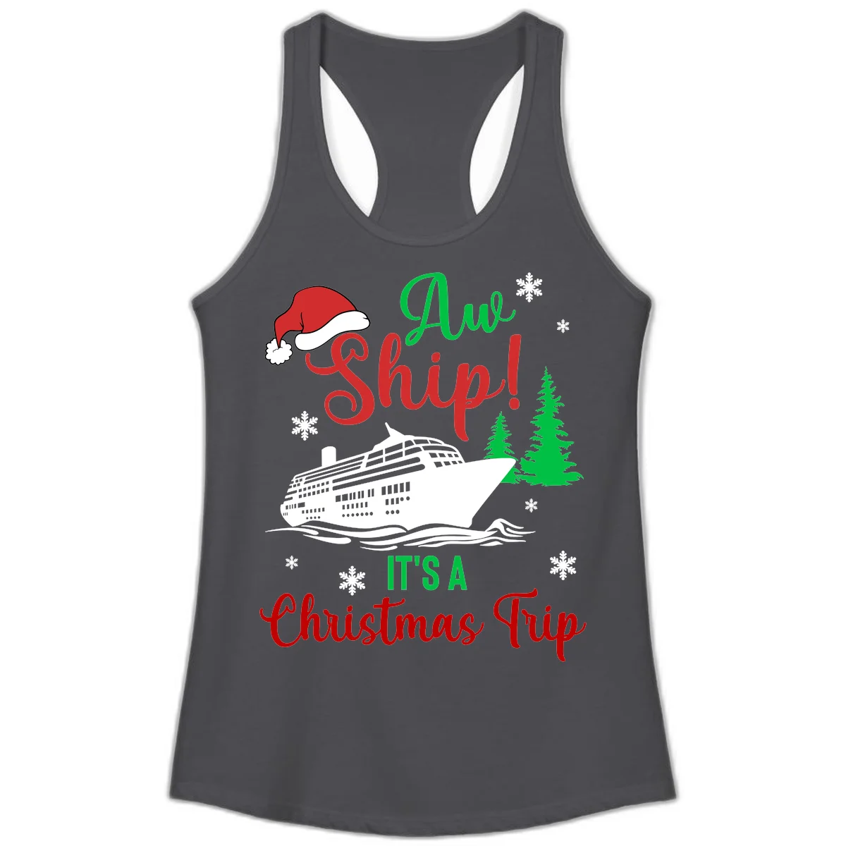 Aww Ship Christmas Cruise Ladies Tank in Solid Dark Gray