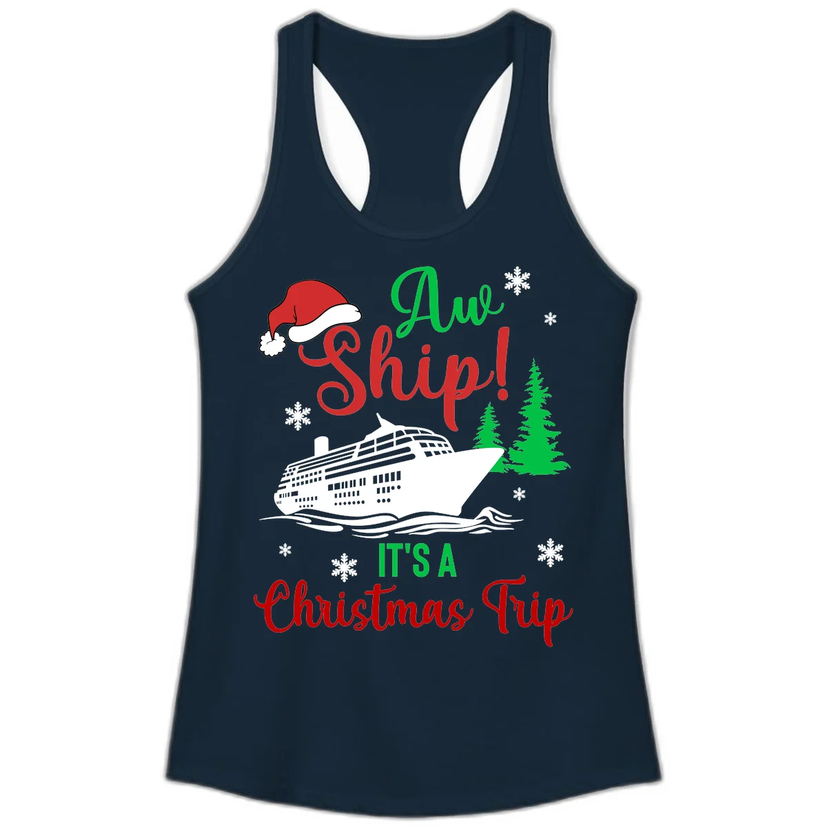 Aww Ship Christmas Cruise Ladies Tank in Solid Midnight Navy