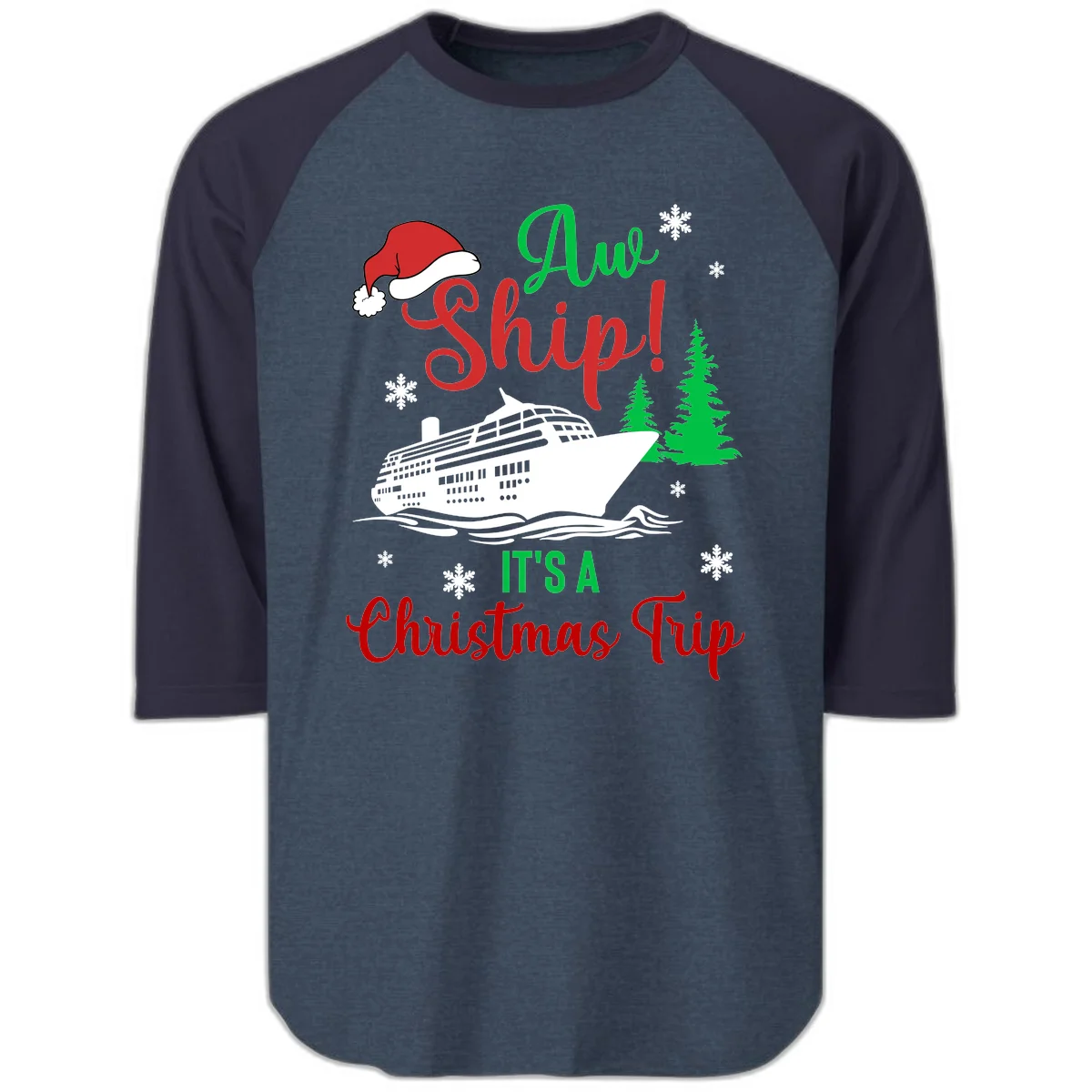 Aww Ship Christmas Cruise Raglan 3/4 in Heather Denim Navy