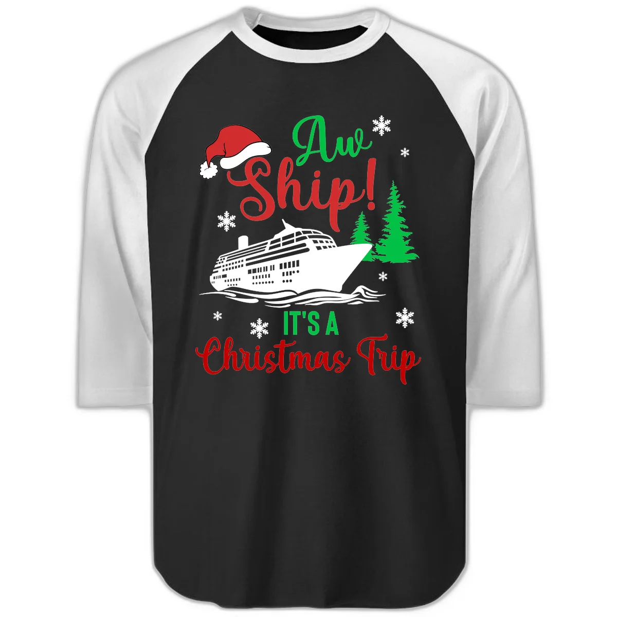 Aww Ship Christmas Cruise Raglan 3/4 in Black White
