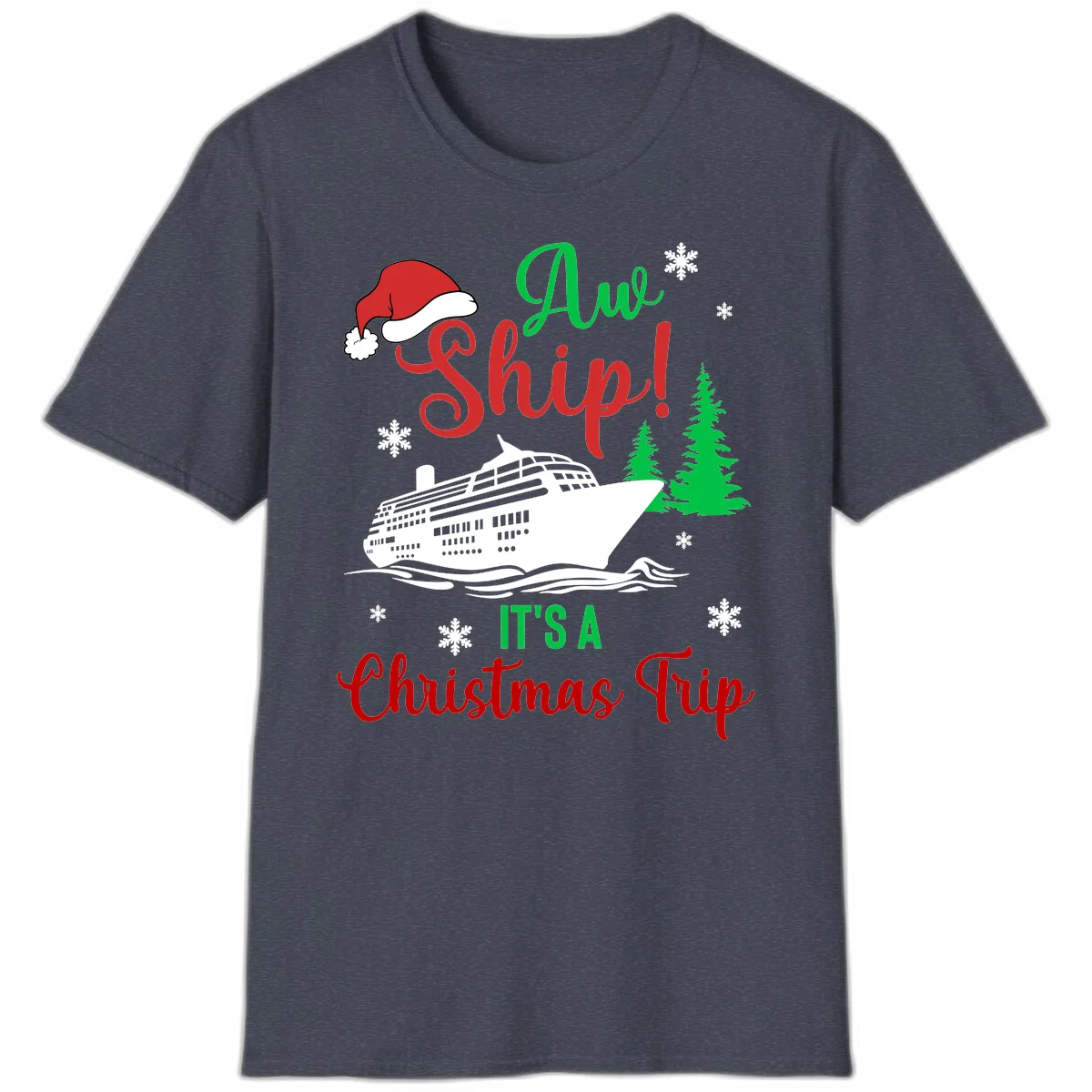 Aww Ship Christmas Cruise T-Shirt in Heather Navy
