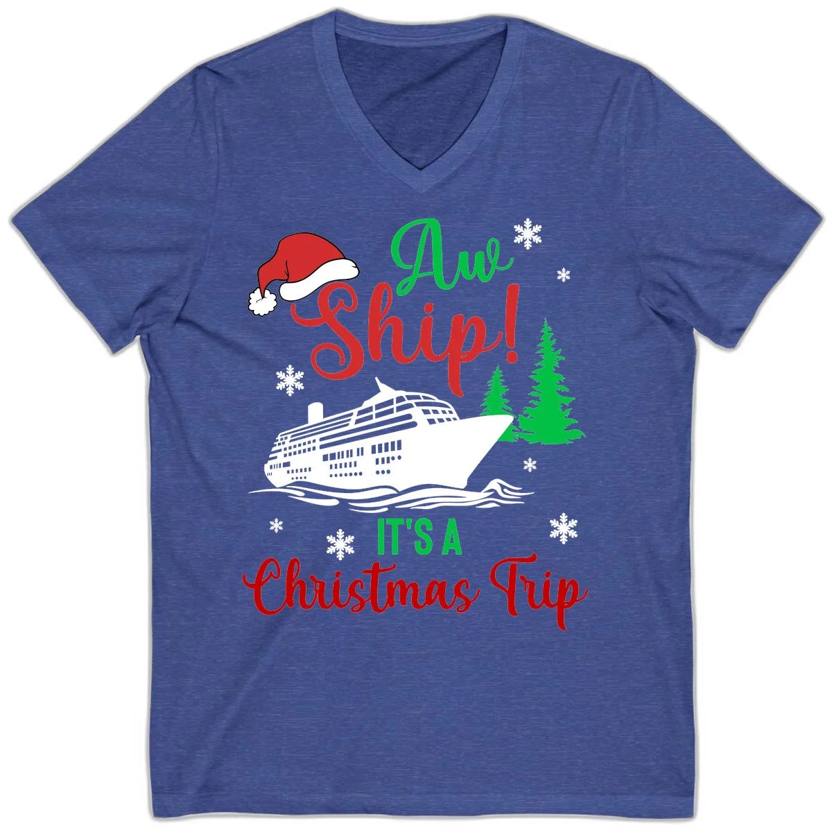 Aww Ship Christmas Cruise V-Neck in Heather True Royal