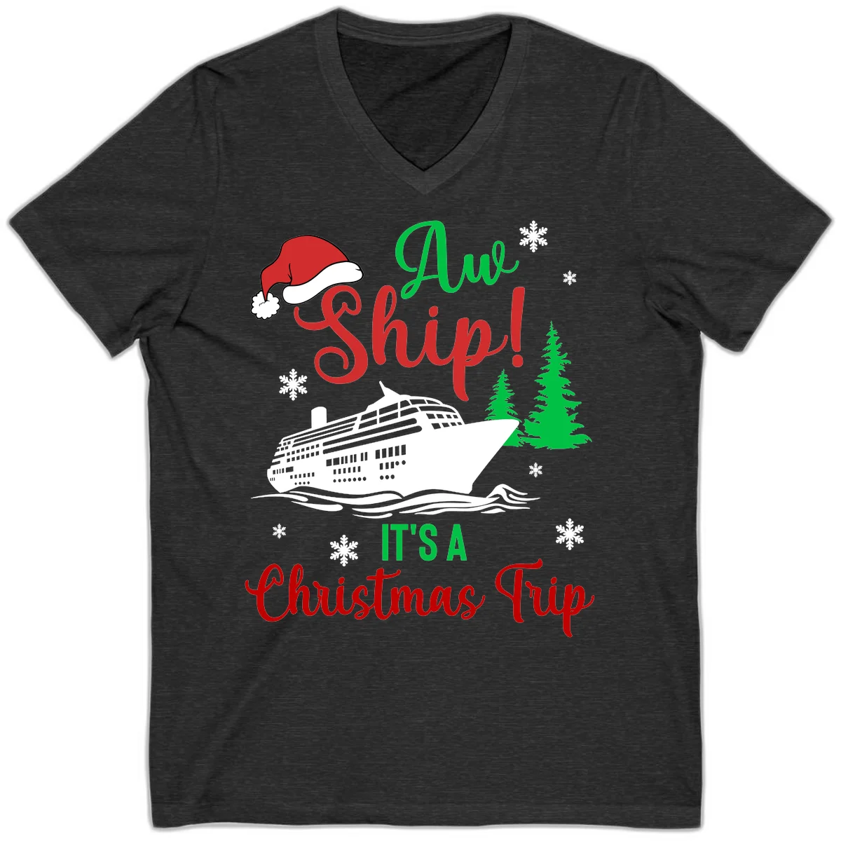 Aww Ship Christmas Cruise V-Neck in Dark Grey Heather