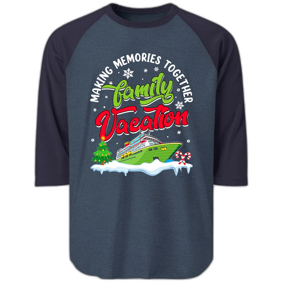 Family Vacation Cruise Ship Holiday Raglan 3/4 in Heather Denim Navy