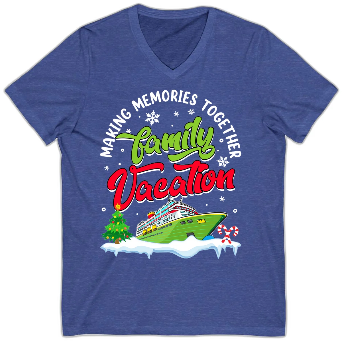 Family Vacation Cruise Ship Holiday V-Neck in Heather True Royal