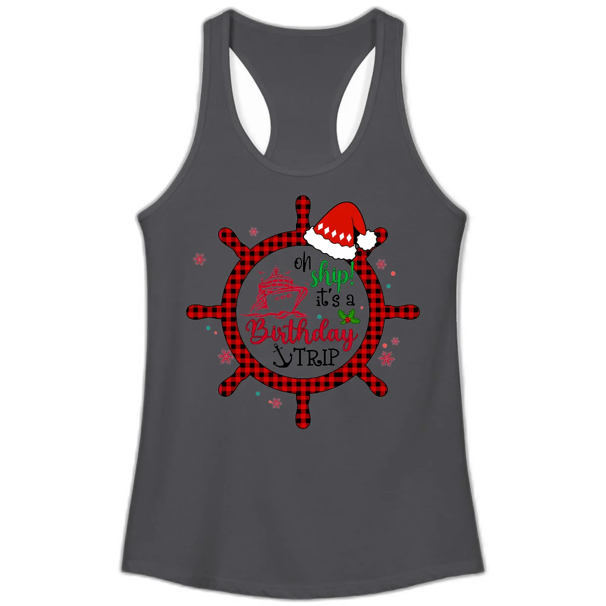 Oh Ship Birthday Cruise Trip Ladies Tank in Solid Dark Gray