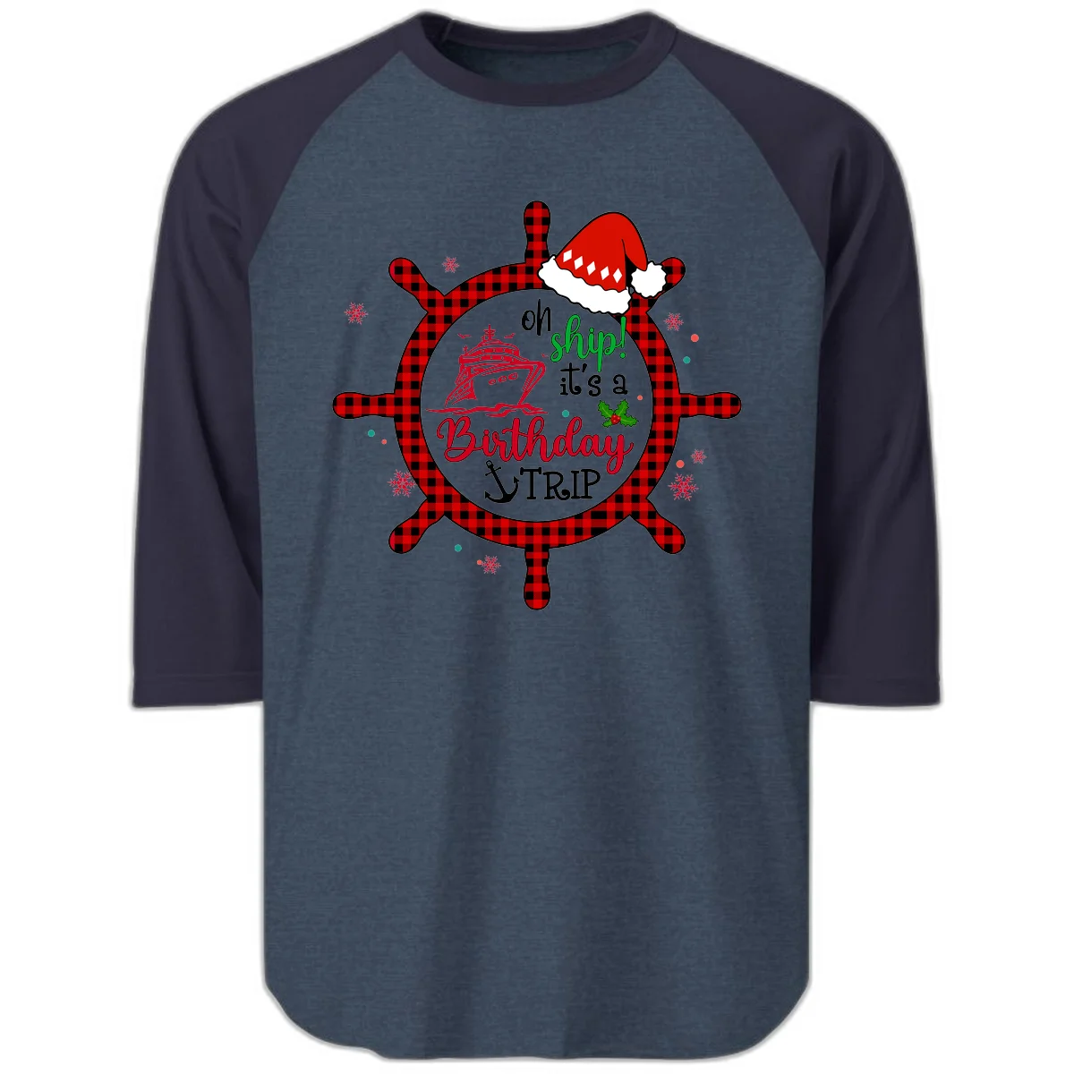 Oh Ship Birthday Cruise Trip Raglan 3/4 Tee in Heather Denim Navy