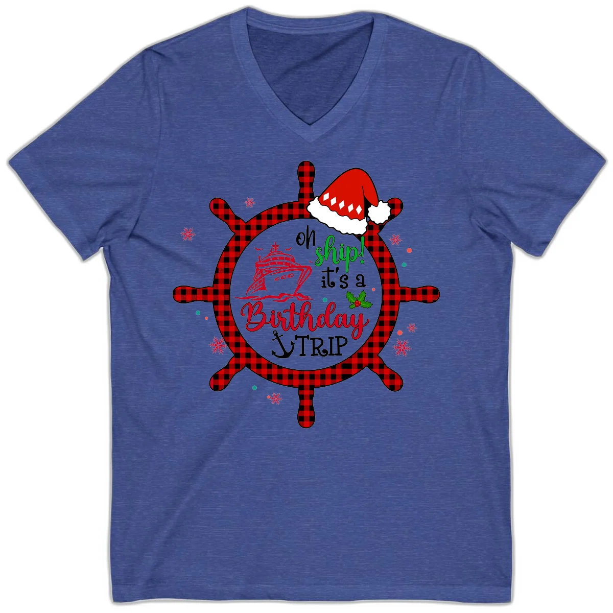 Oh Ship Birthday Cruise Trip V-Neck Tee in Heather True Royal