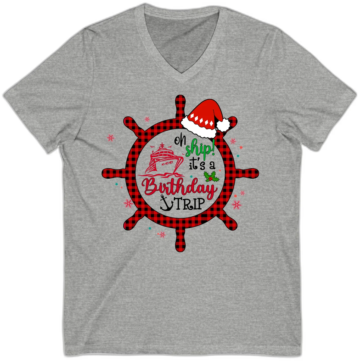 Oh Ship Birthday Cruise Trip V-Neck Tee in Athletic Heather