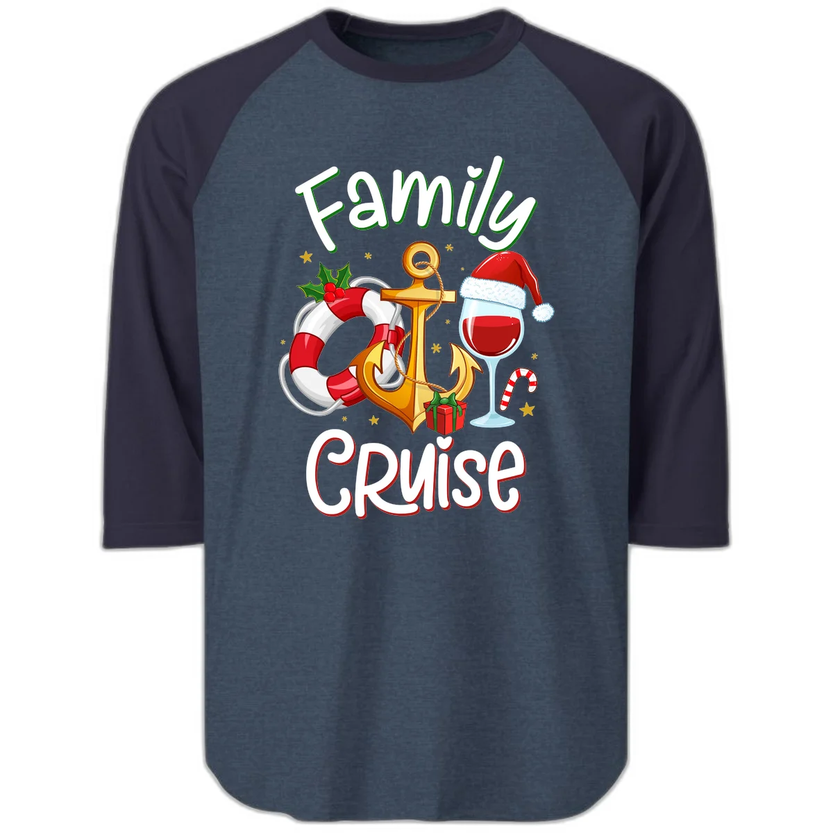 Family Cruise Nautical Holiday Raglan 3/4 in Heather Denim Navy