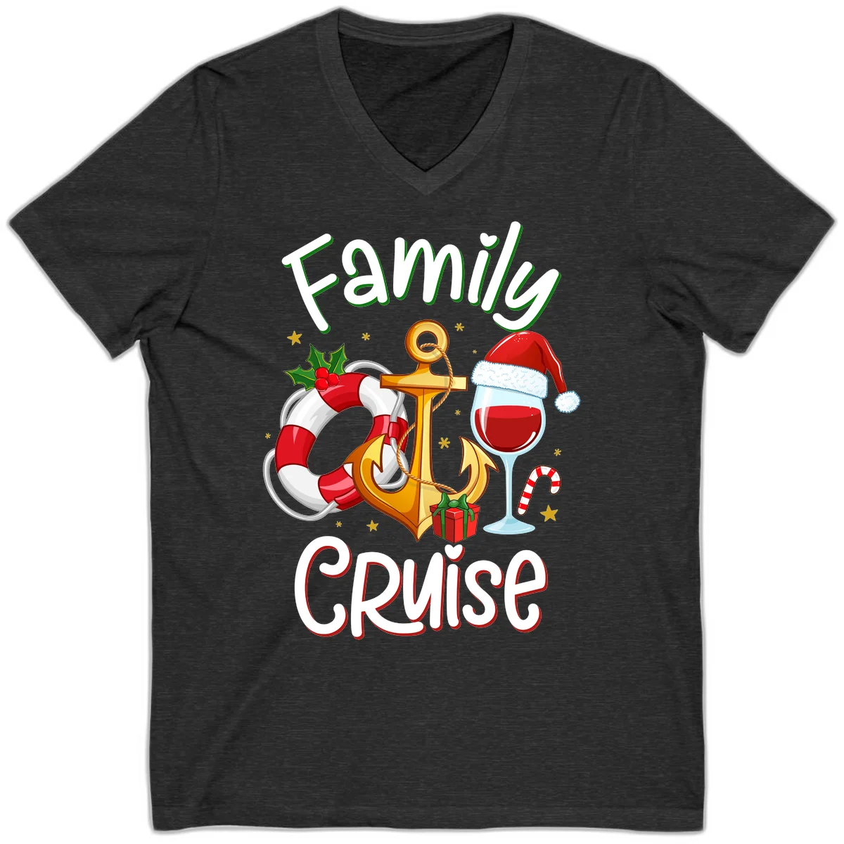 Family Cruise Nautical Holiday V-Neck in Dark Grey Heather