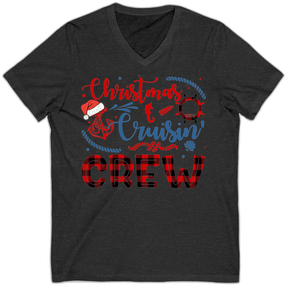 Christmas Cruisin' Cousin Crew V-Neck Tee in Dark Grey Heather