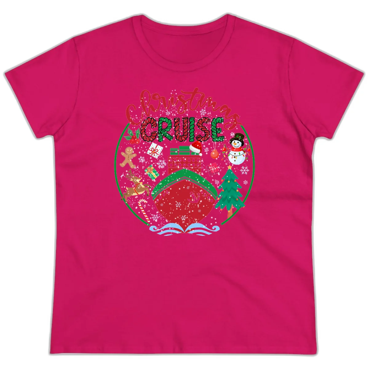 Cruising Cheer Holiday Ladies Cruise Tee in Heliconia
