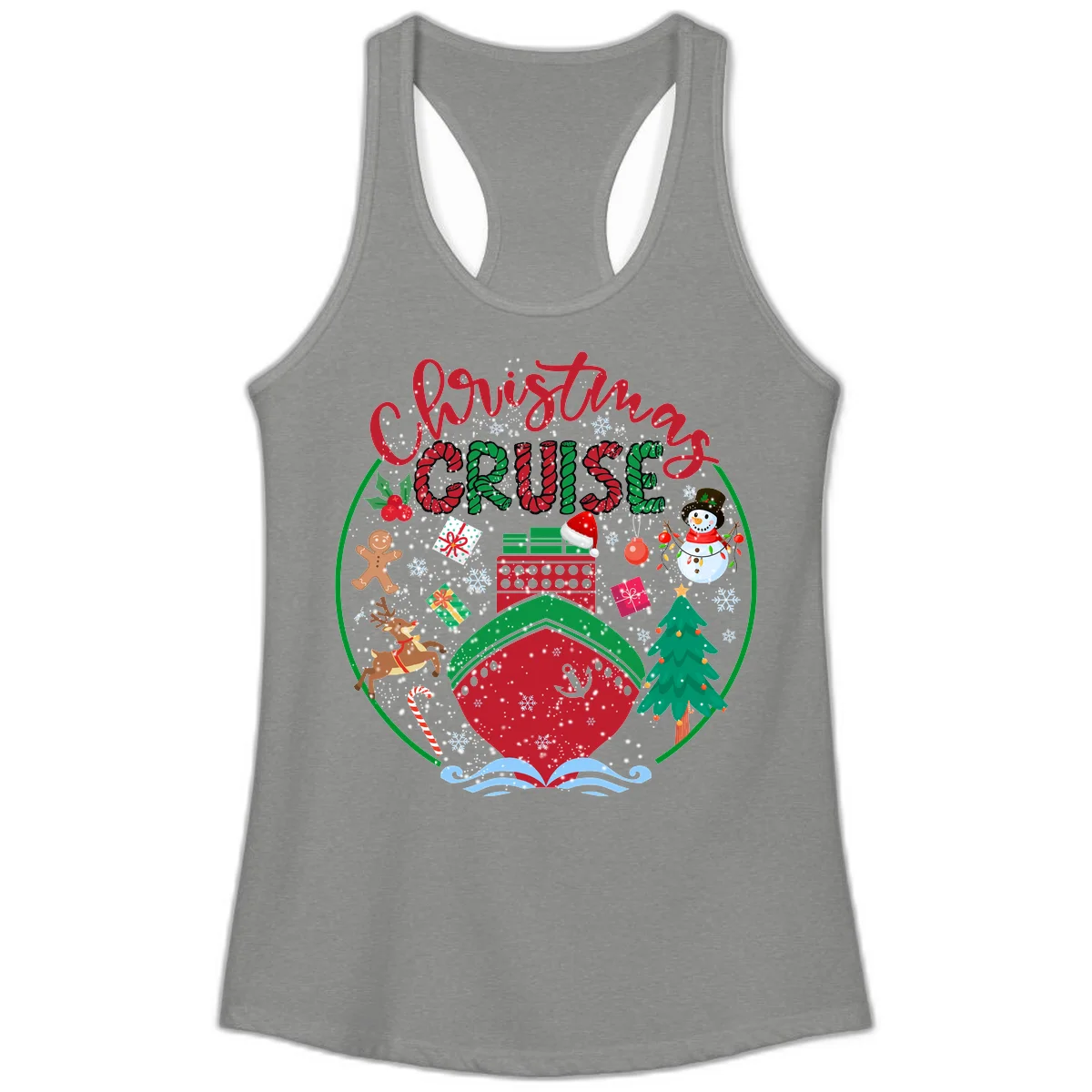 Cruising Cheer Holiday Ladies Racerback Tank in Heather Grey