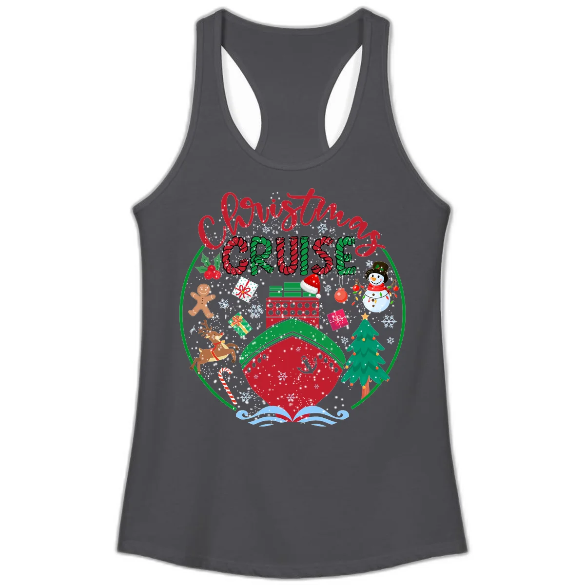 Cruising Cheer Holiday Ladies Racerback Tank in Solid Dark Gray