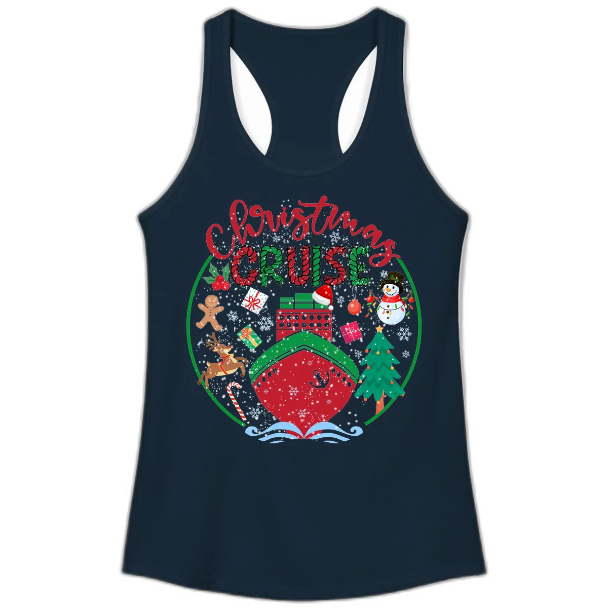 Cruising Cheer Holiday Ladies Racerback Tank in Solid Midnight Navy