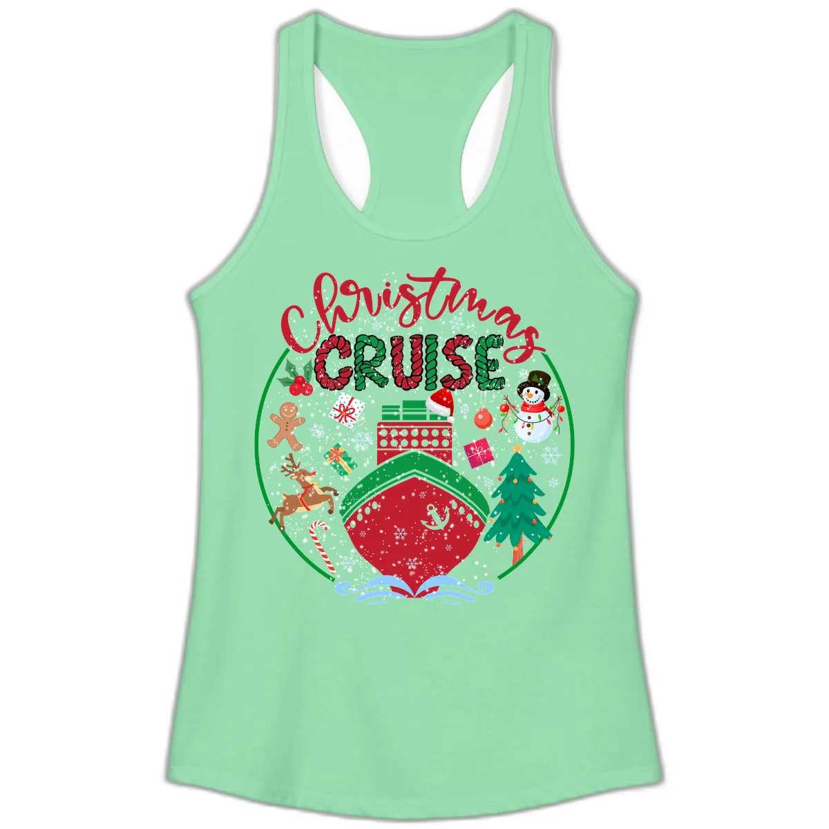 Cruising Cheer Holiday Ladies Racerback Tank in Solid Mint
