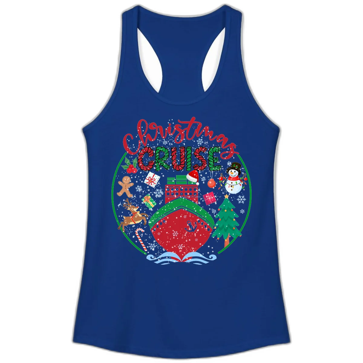 Cruising Cheer Holiday Ladies Racerback Tank in Solid Royal