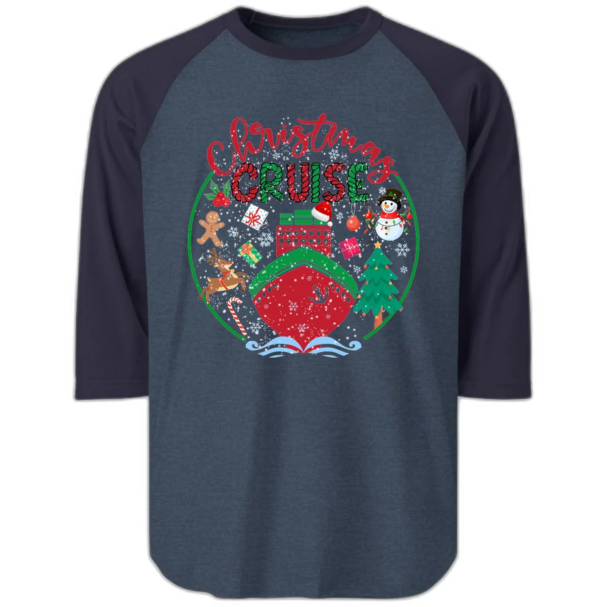 Cruising Cheer Holiday Raglan 3/4 Sleeve Tee in Heather Denim Navy