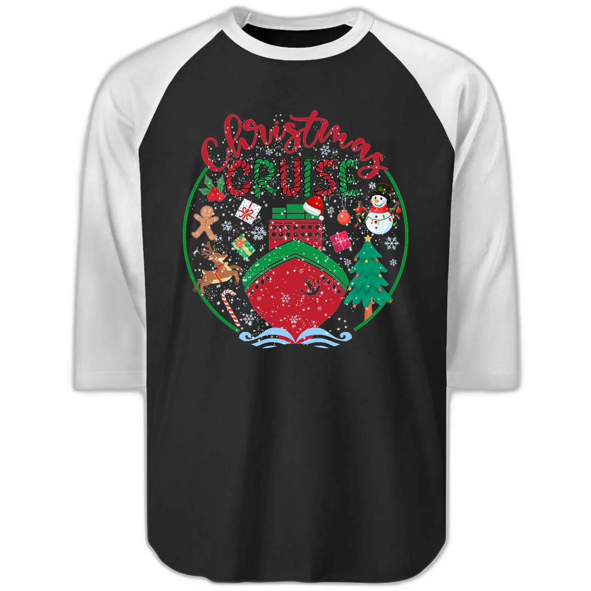 Cruising Cheer Holiday Raglan 3/4 Sleeve Tee in Black White